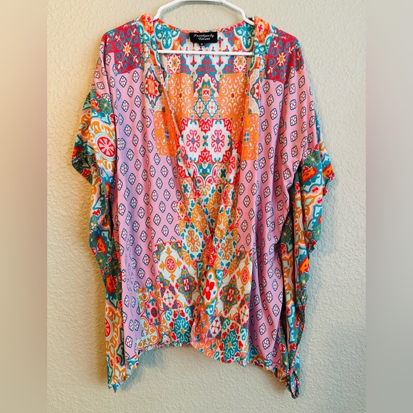 Feathers by Tolani Kimono Open Front Bohemian Duster Orange Teal Coverup Size M - Picture 3 of 6